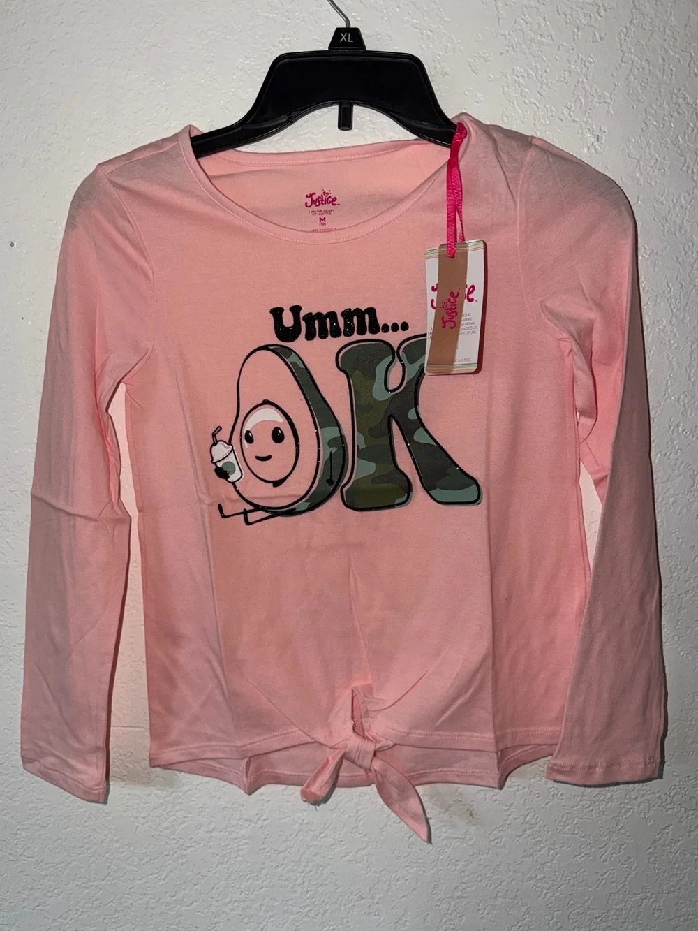 Justice Girls' Pink Long-Sleeve 'Umm... OK' Tie-Front Top (Back to School)